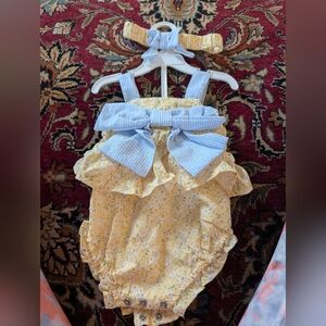 Rare Editions Yellow Floral Baby Romper with Blue Bow and Matching Headband